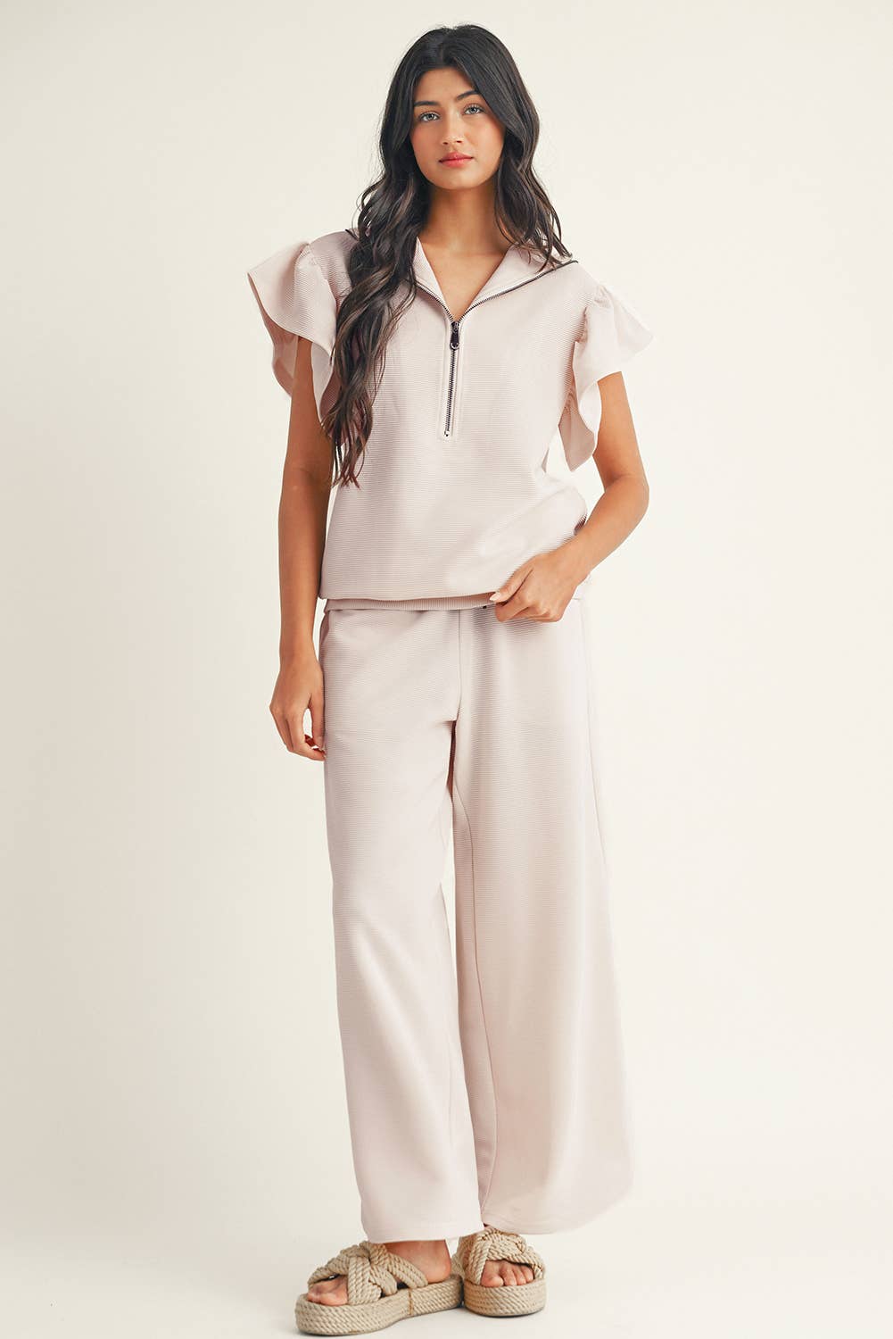 Little Daisy Closet - Vente Ensemble haut et pantalon (PAS d'intérieur) - Femme - Ensemble haut texturé à manches volantées et pantalon à jambes larges LDC0