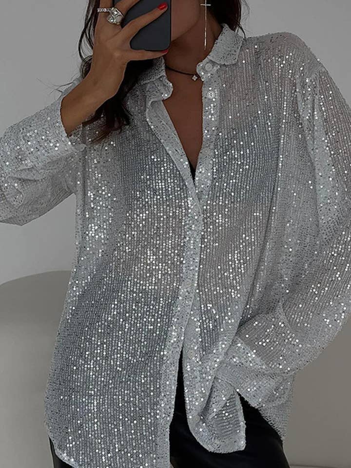 Sparkling Sequin Button-Front Blouse for wholesale by Mccolin