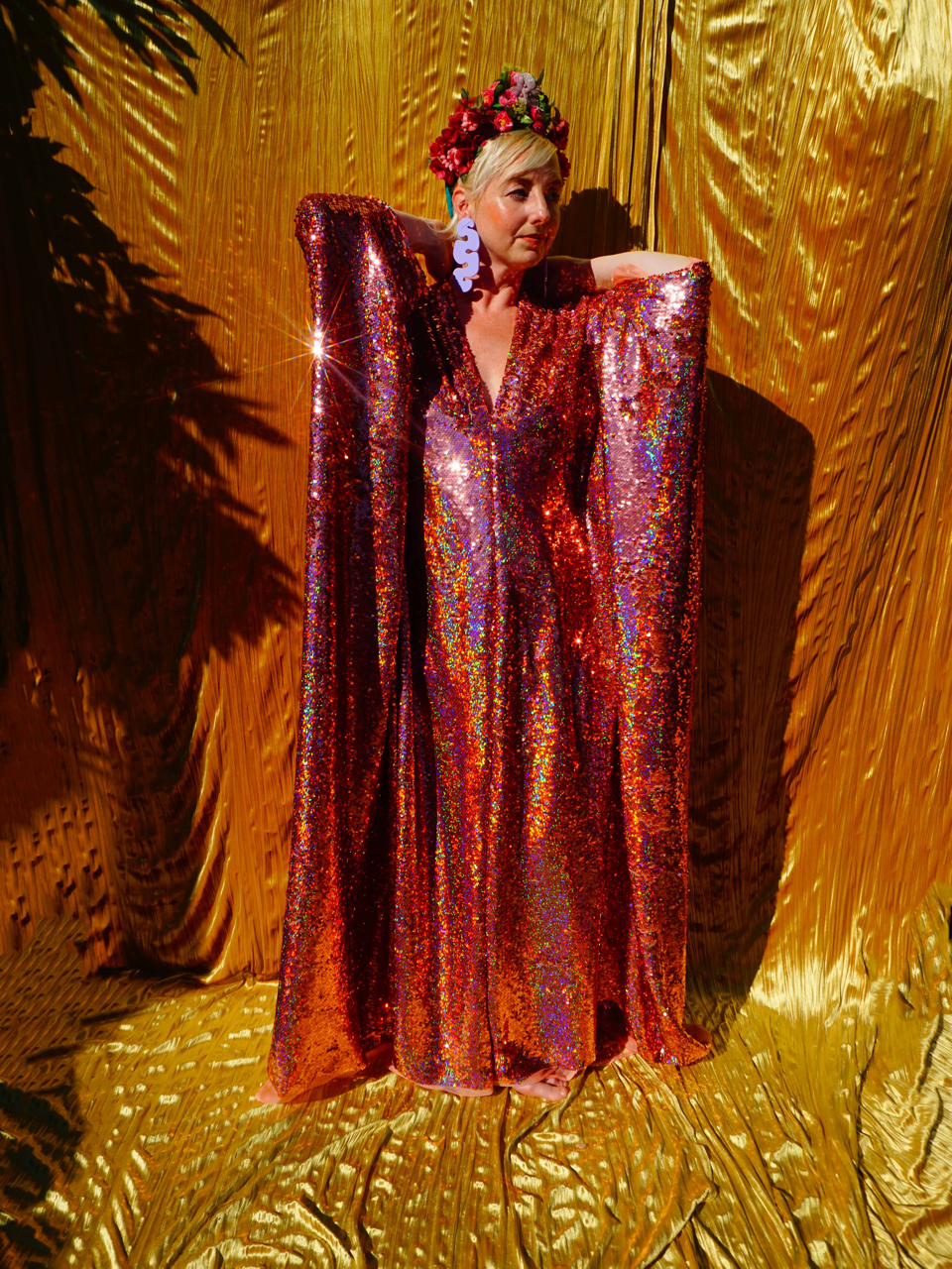 Fumbalinas – wholesale Kaftan – Women's – Rose Gold Holographic Sequin V-neck Kaftan Gown4