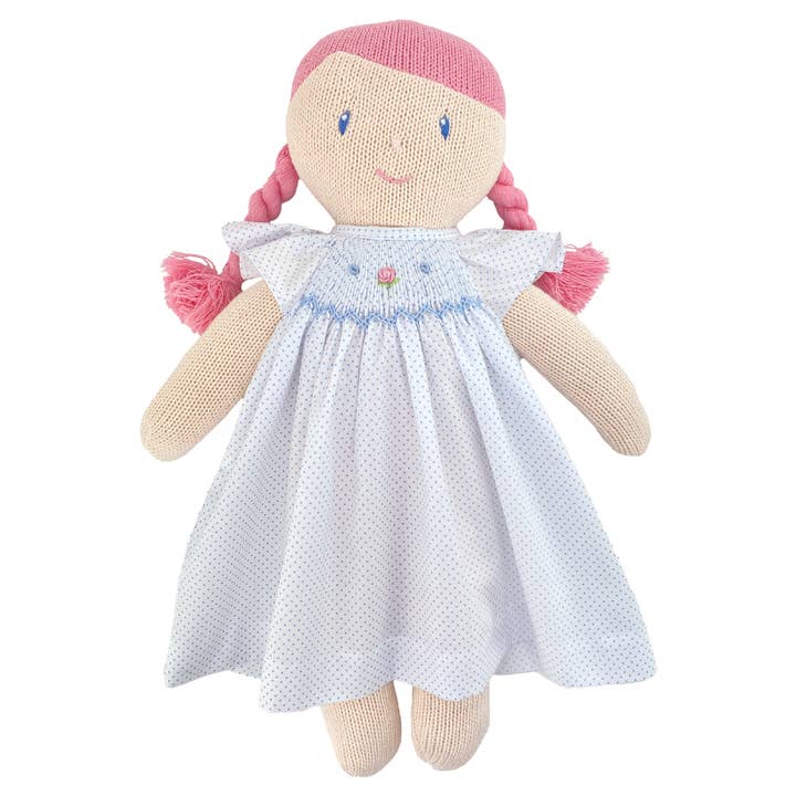 Petit Ami & Zubels - Wholesale Doll - Kids - Knit Girl Doll with Blue Dot Smocked Dress