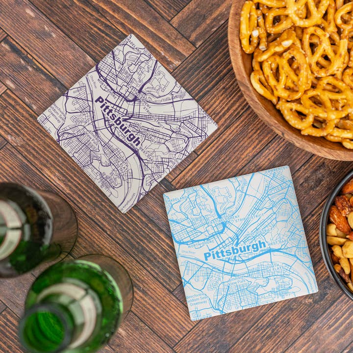 Pittsburgh PA - Ceramic Map Coasters - Any Color for wholesale by Blue Ridge Mountain Gifts