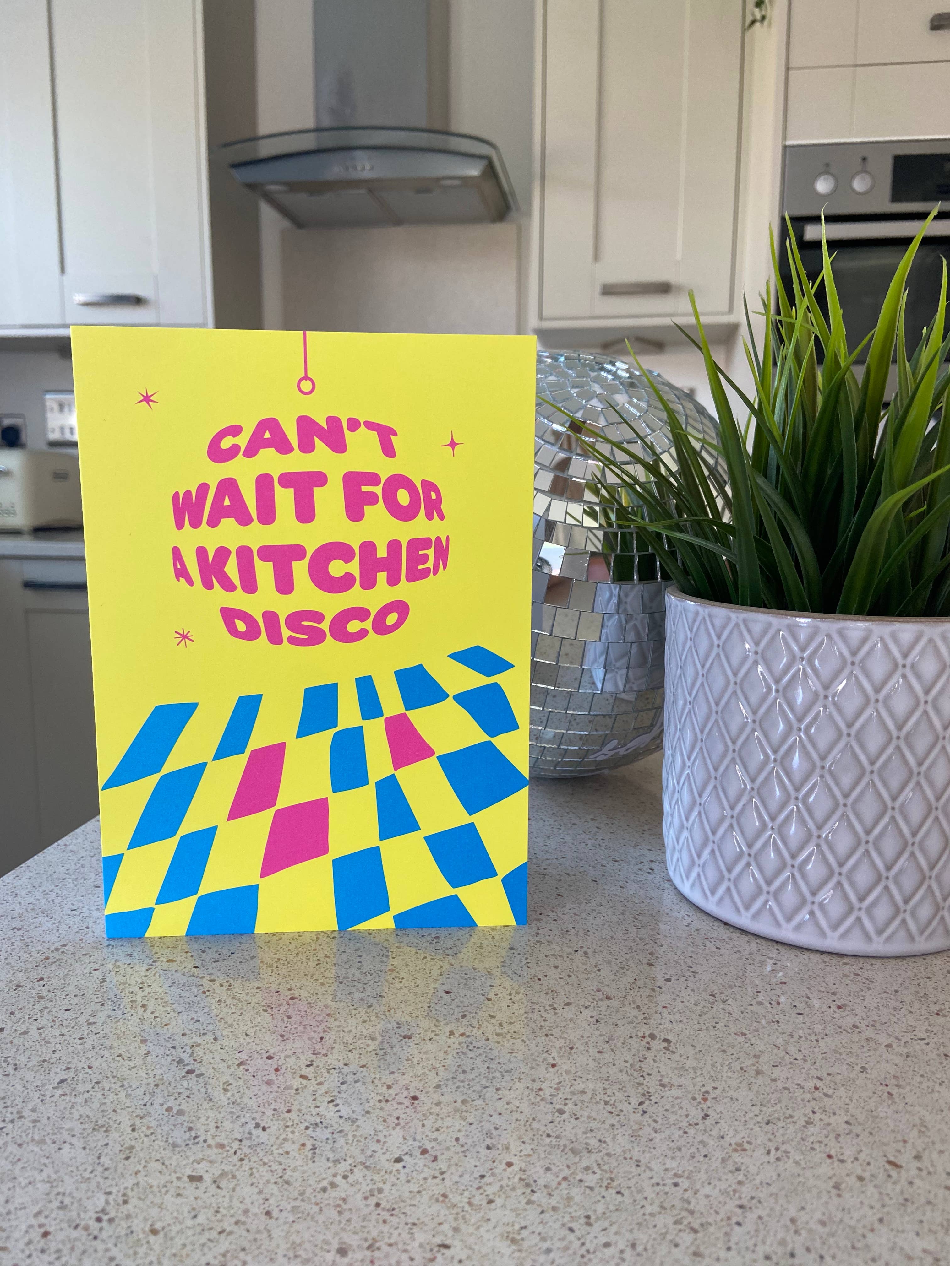 LoveLossDiscoballs – wholesale House-warming card – Kitchen Disco | Playful, Modern New Home Celebration Card2