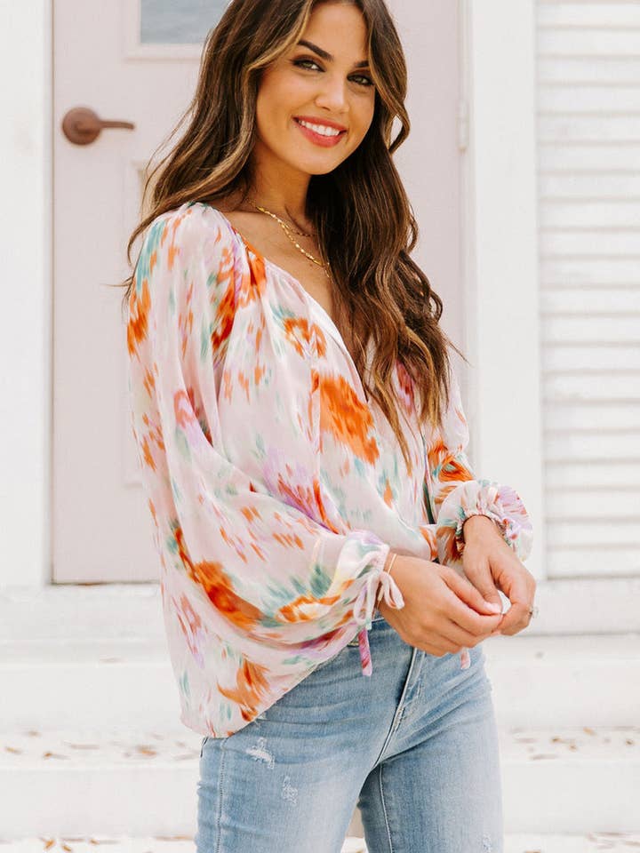 Multicolor Abstract Print Split Neck Puff Sleeve Blouse for wholesale on Faire