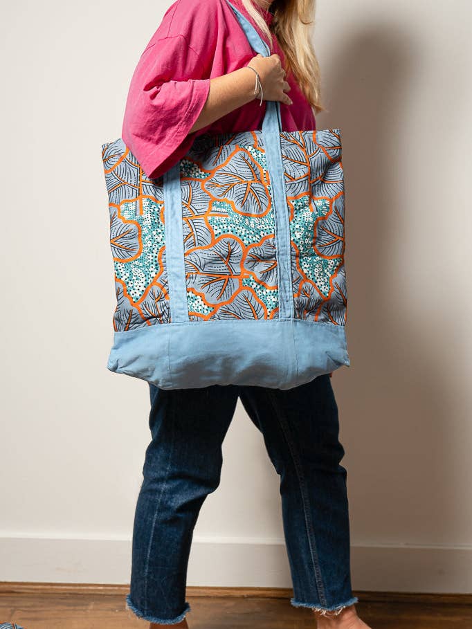 Maxi Contrast Tote - Blue and Alpine Leaves for wholesale by Mayamiko