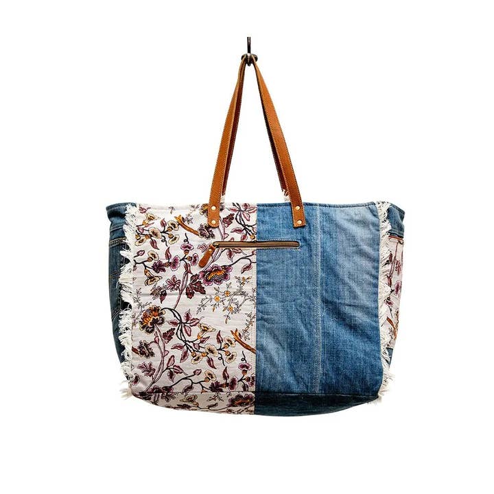 Texas Western Cowhide Bags and More - Wholesale Weekender Bag - Women's - Floral and Denim Weekender Travel Bag Myra