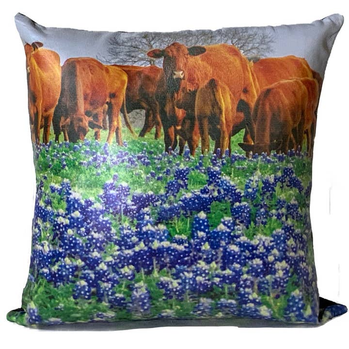 Cojín de Imagen de Cuero de Ganado sobre Bluebonnets 18x18 para venta al por mayor de Cowhide Texas Store Inc