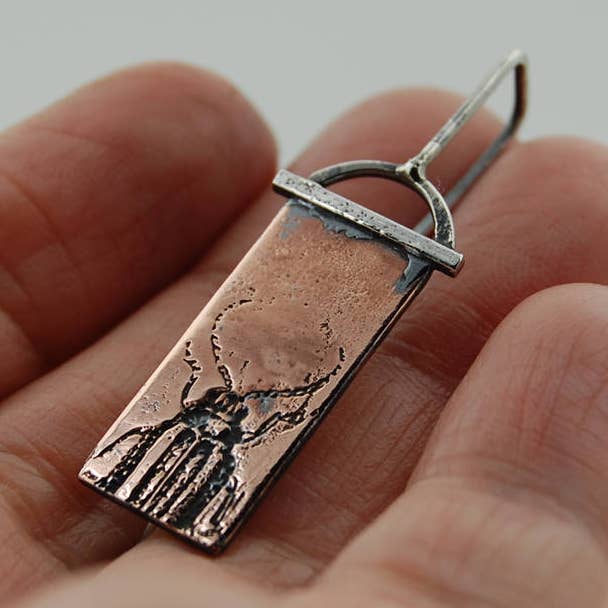 Handmade Antiqued Copper and Sterling Silver Beetle Insect Earrings for wholesale by Metal Cloth & Wood