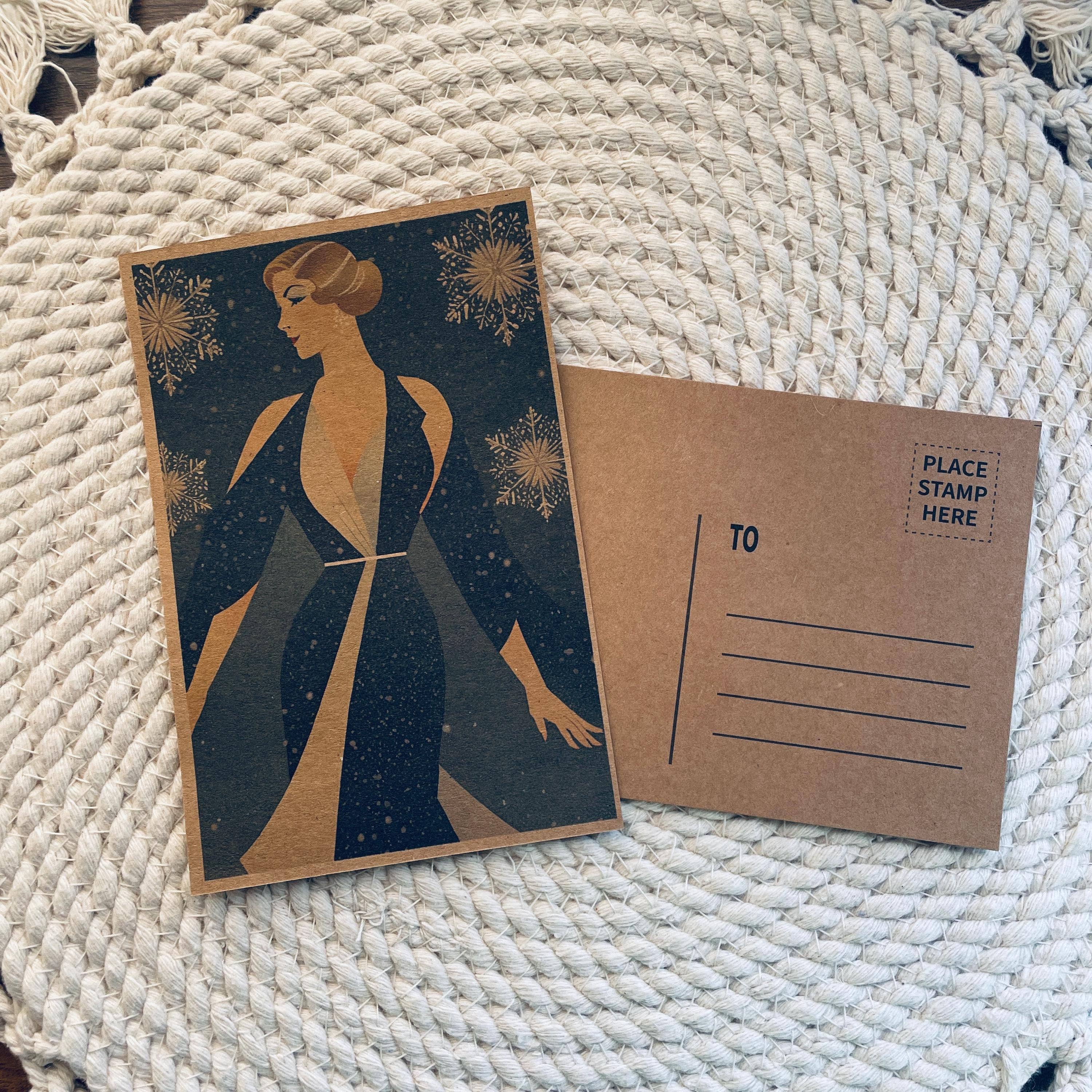 Cryptic Paper Co. - Vente Assortiment de cartes postales - Ensemble de 4 cartes postales de Noël Art déco hiver Kraft 10x15 cm5