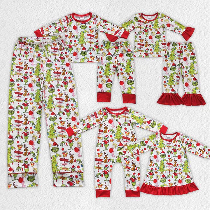 Aier Wholesale - Wholesale Sleepwear Set - Kids - Family Girls Boys Green Face Rompers Pants Pajamas Sets