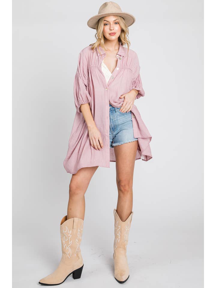 ELLEBORN - Wholesale Dress - Women's - Shirred button-down shirt dress 3136D-13