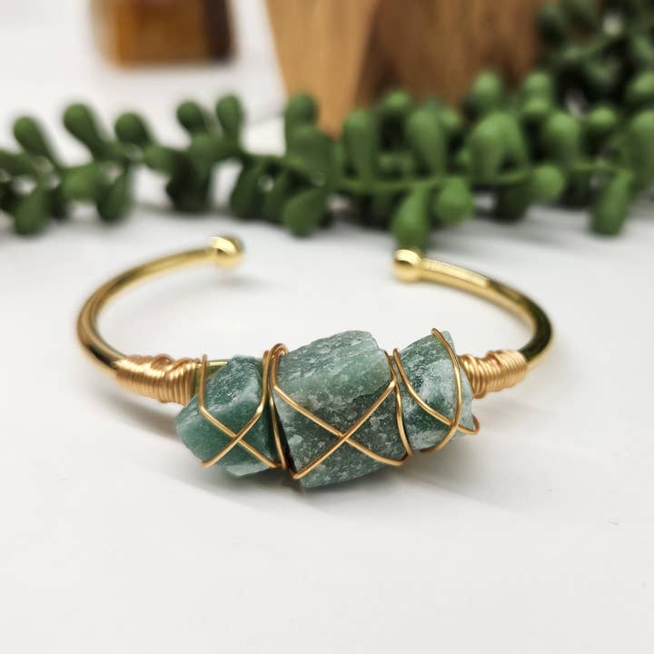 Green Aventurine 3 Rough Gemstones Wire Wrapped Bangle for wholesale by Meraki Gemstones