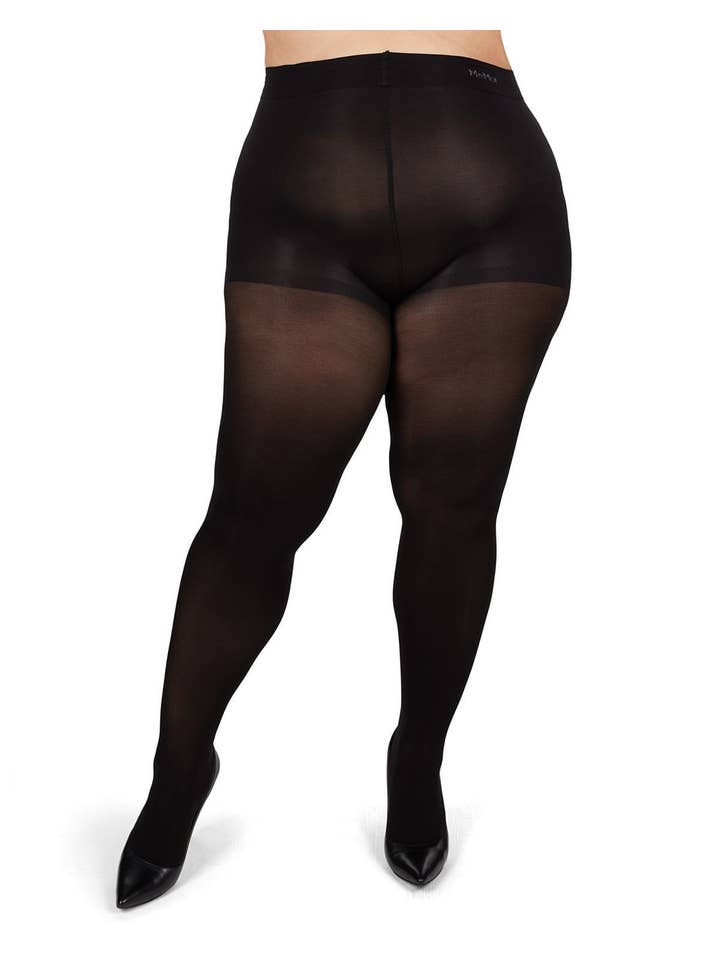 Black MeMoi Microfiber Opaque Plus Size Curvy Control Top Tights for wholesale on Faire