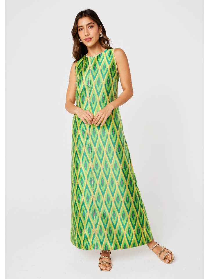 Green Hannah Dress Lime Ikat Jacquard for wholesale on Faire3