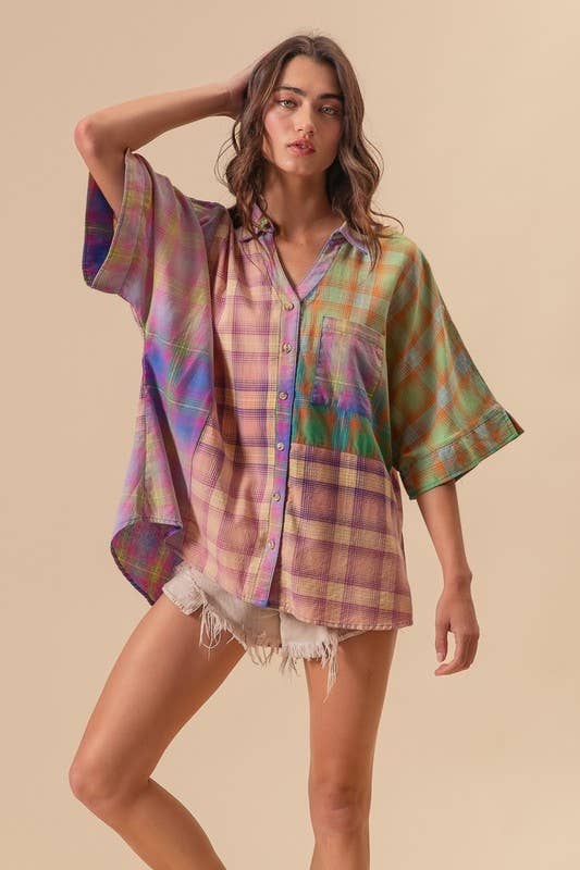BLUSH MULTI Vintage Washed Plaid Block Short Sleeve Blouse for wholesale on Faire3