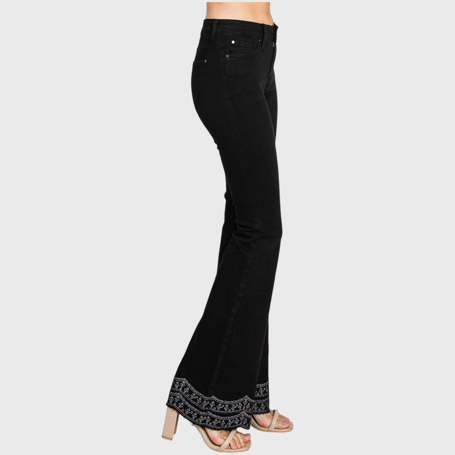 Petra153 - Wholesale Jeans - Women's - P716MF-BLK MID RISE STRETCH FLARE W/ EMBROIDERY RAW EDGE HEM9