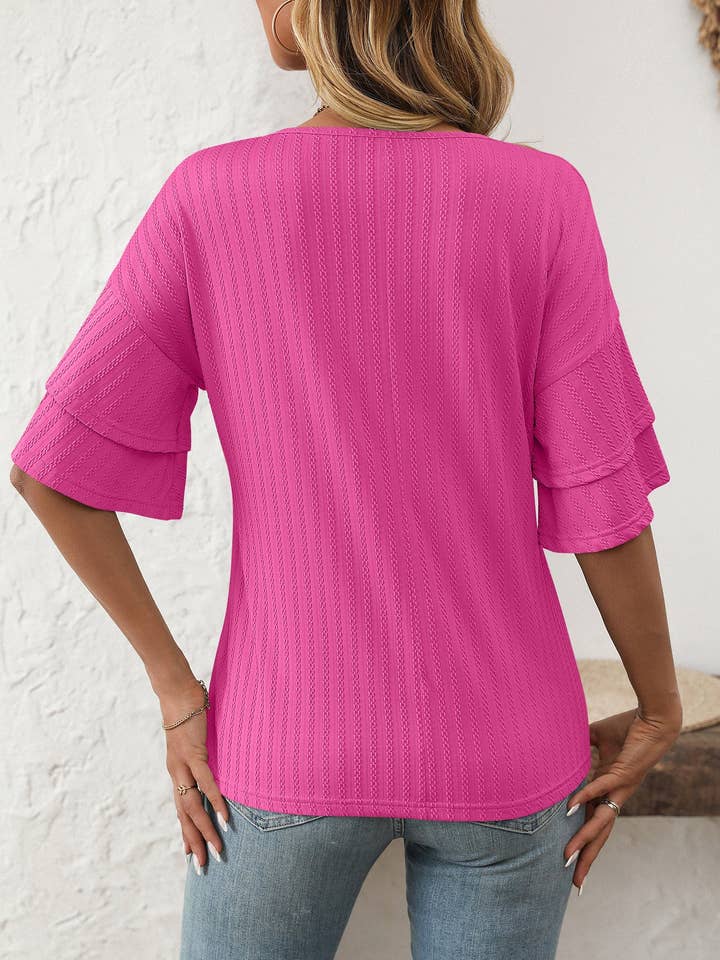 Lovesoft - Wholesale Blouse - Women's - 2025 Spring Solid Color V-Neck Ruffle Sleeve Short-Sleeve Top