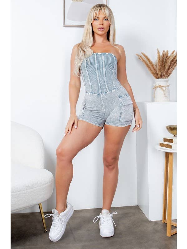Jour - Wholesale Romper - Women's - Mineral Washed Tube Corset Romper GD43319