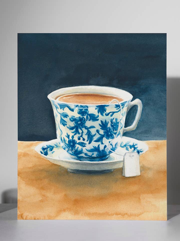 Blue Floral Teacup Watercolor Painting Art Print for wholesale by Patience Creative