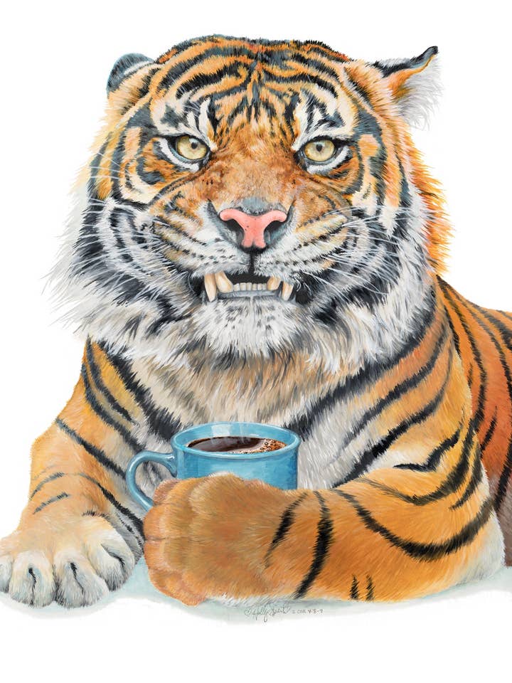 Tiger Coffee djur signerad arkivtryck av Holly Simental för wholesale av Holly Simental
