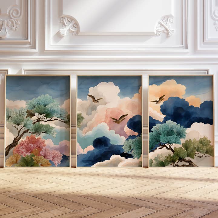 Japanese Cloud Triptych, Minimalist Nature Wall Art Set of 3 for wholesale by IuliiaArtPrints