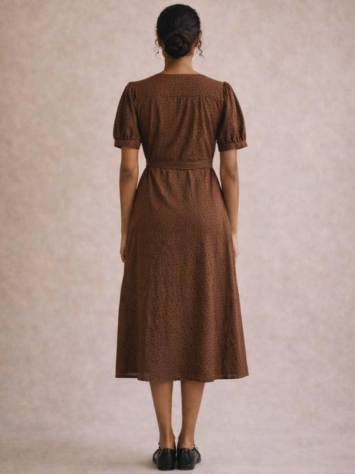 Atèlette - Wholesale Dress - Women's - Cotton Brown Floral Wrap Midi Dress - Pemberley Dress1