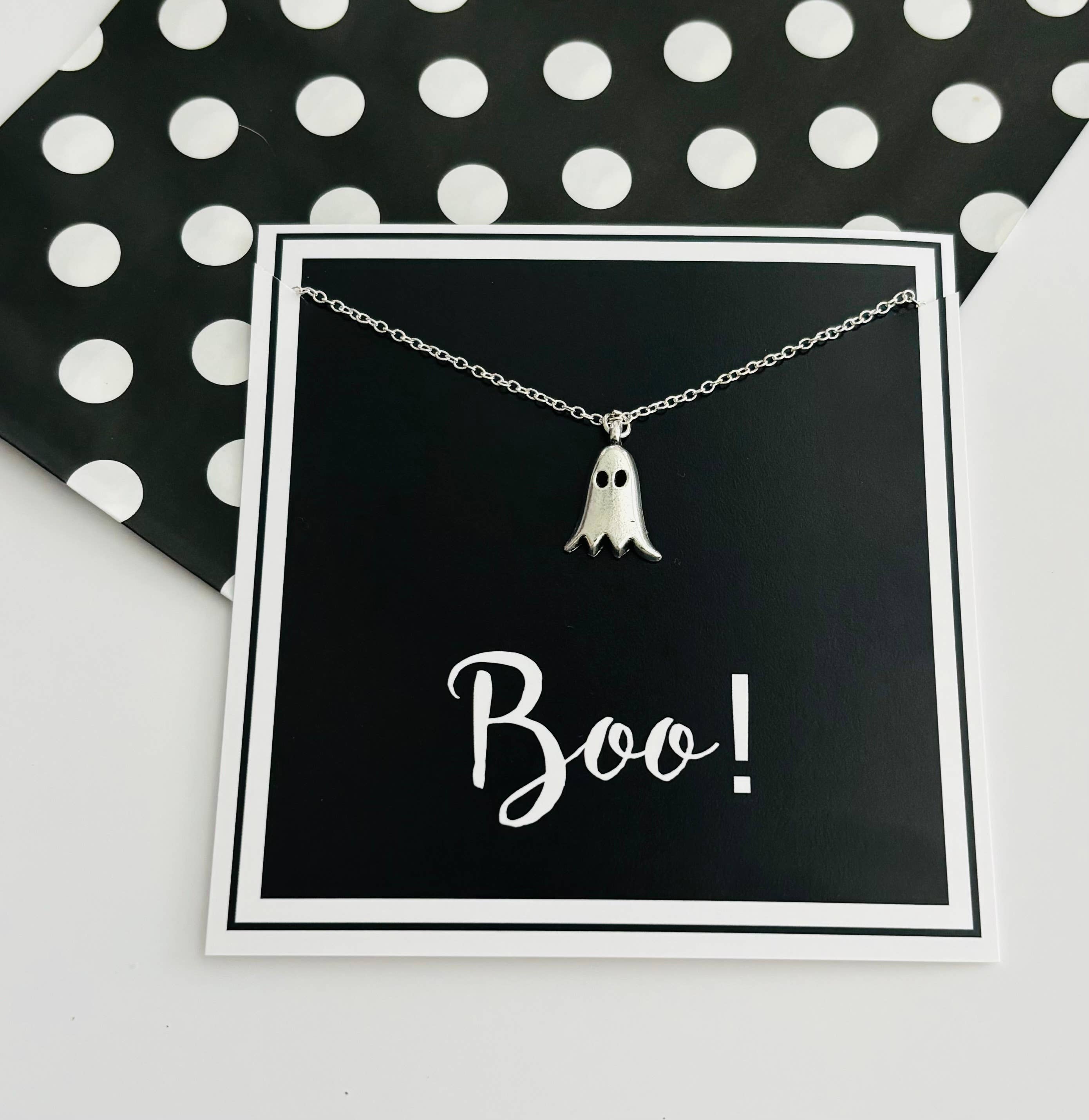 Peddle Your Paper - Wholesale Pendant/Charm Necklace - Halloween "Boo" Ghost Necklace On Stationery Card