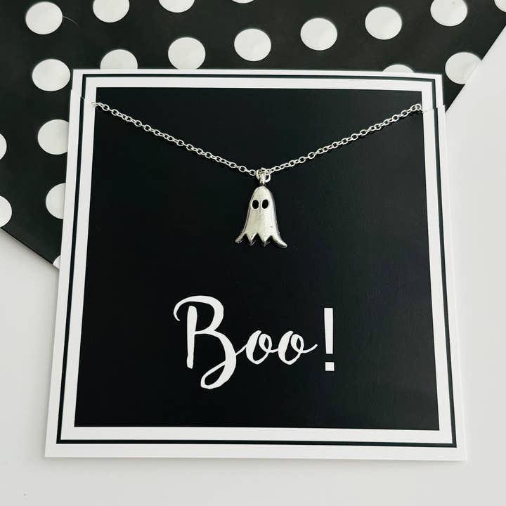 Peddle Your Paper - Wholesale Pendant/Charm Necklace - Halloween "Boo" Ghost Necklace On Stationery Card0