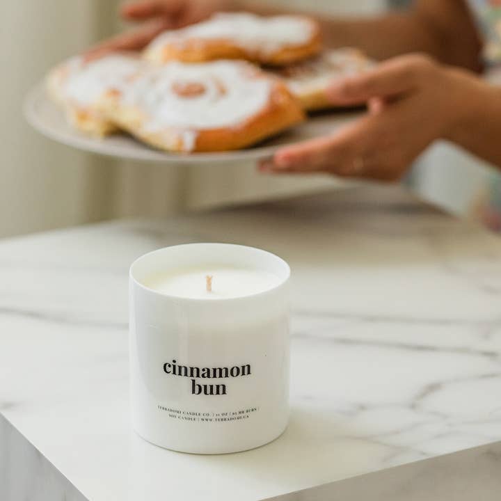 Cinnamon Bun Soy Candle | Ceramic Jar + Box | 11 oz for wholesale by Terradomi Candle Co.