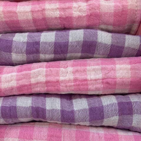 CHARMY - Wholesale Dinner & Cloth Napkin - Set of 6 Cocktail Napkins - Violet and Candy Pink Gingham Cotton Gauze - 23x23cm0