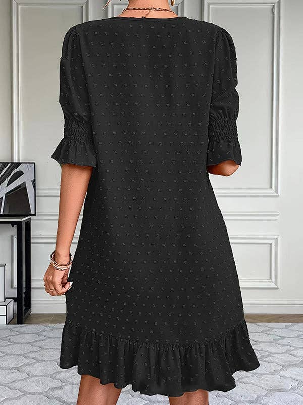 Plush Looks – Großhandel Kleid – Damen – A-Linien-Minikleider mit ausgestellten Ärmeln und elastischem Jacquardplissee, einfarbig, mit geteilten Gelenken und V-Ausschnitt9