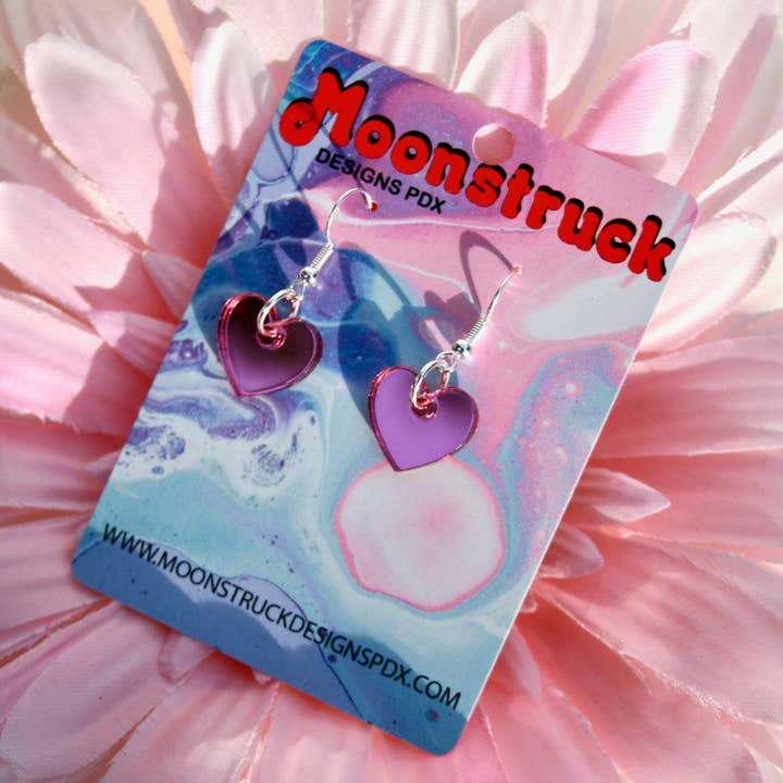 Pink Heart Earrings- Romantic Valentine Petite Cute Mirrored for wholesale by Moonstruck Designs PDX