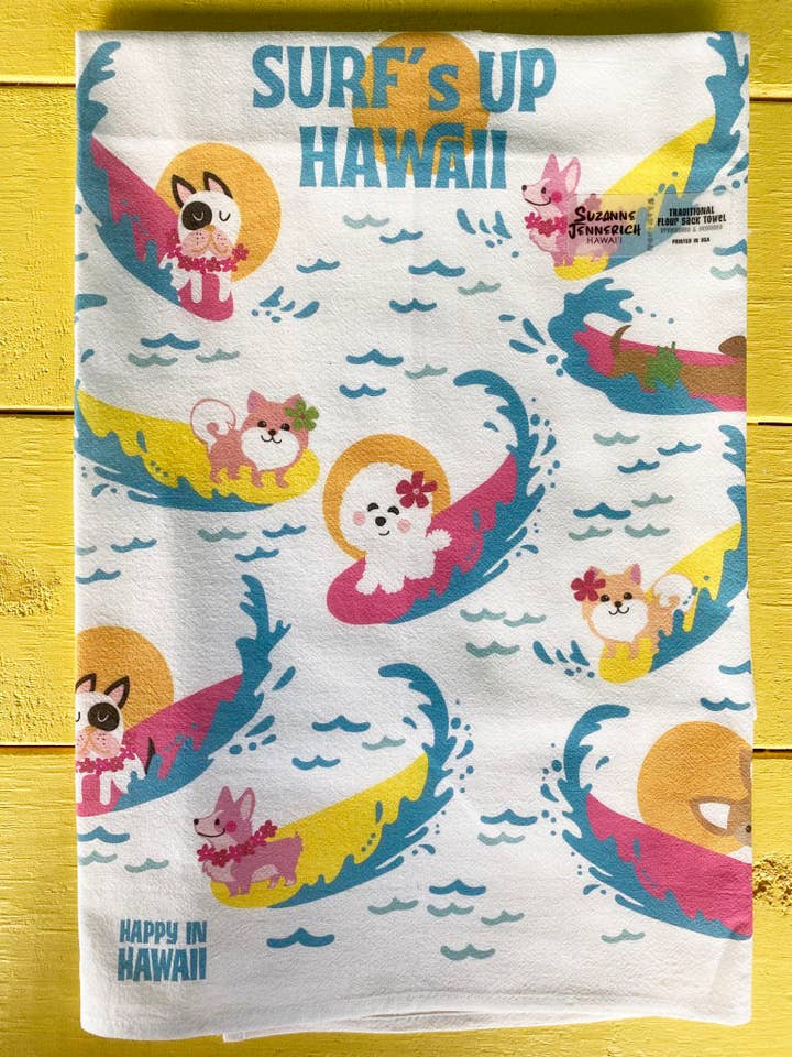 Kitchen Towel Surfing Dogs for wholesale by Suzanne Jennerich