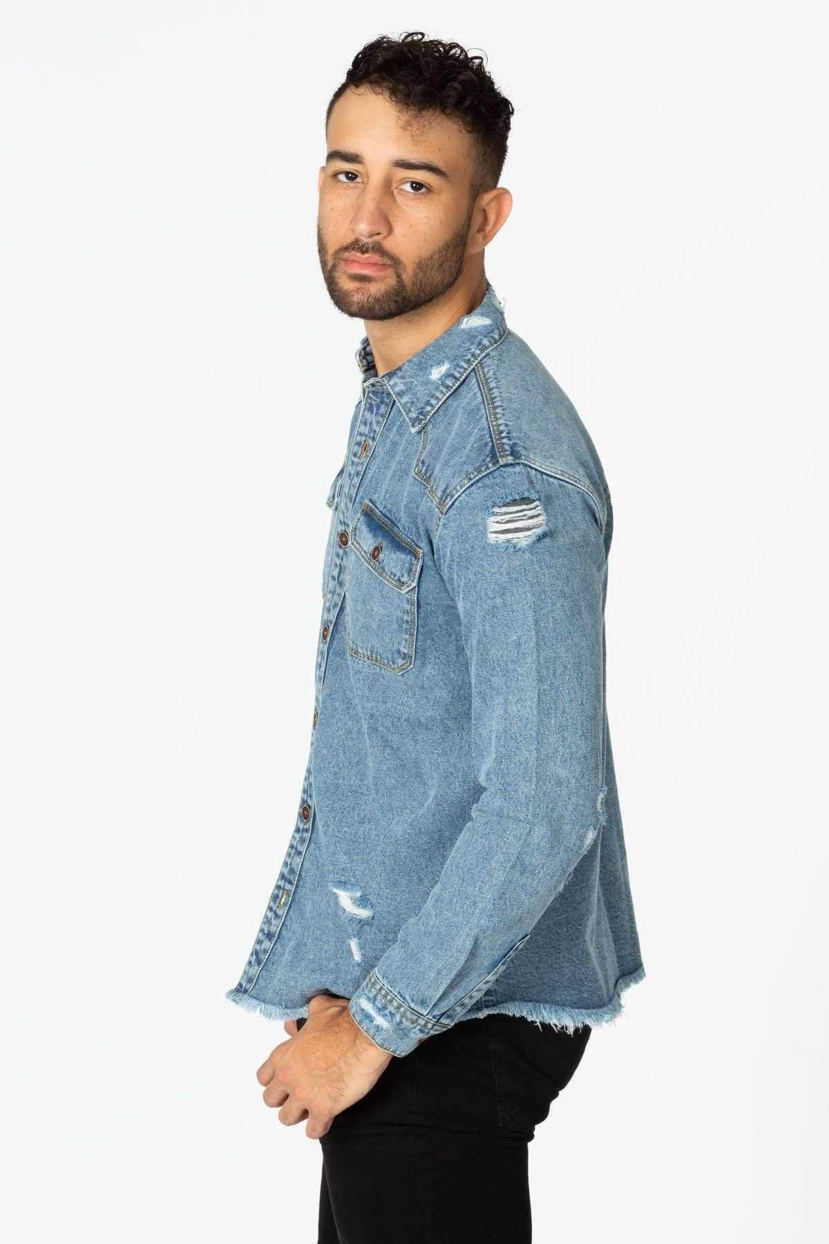 LIGHT WASHED Men's Denim Shirt with Distressed for wholesale on Faire7