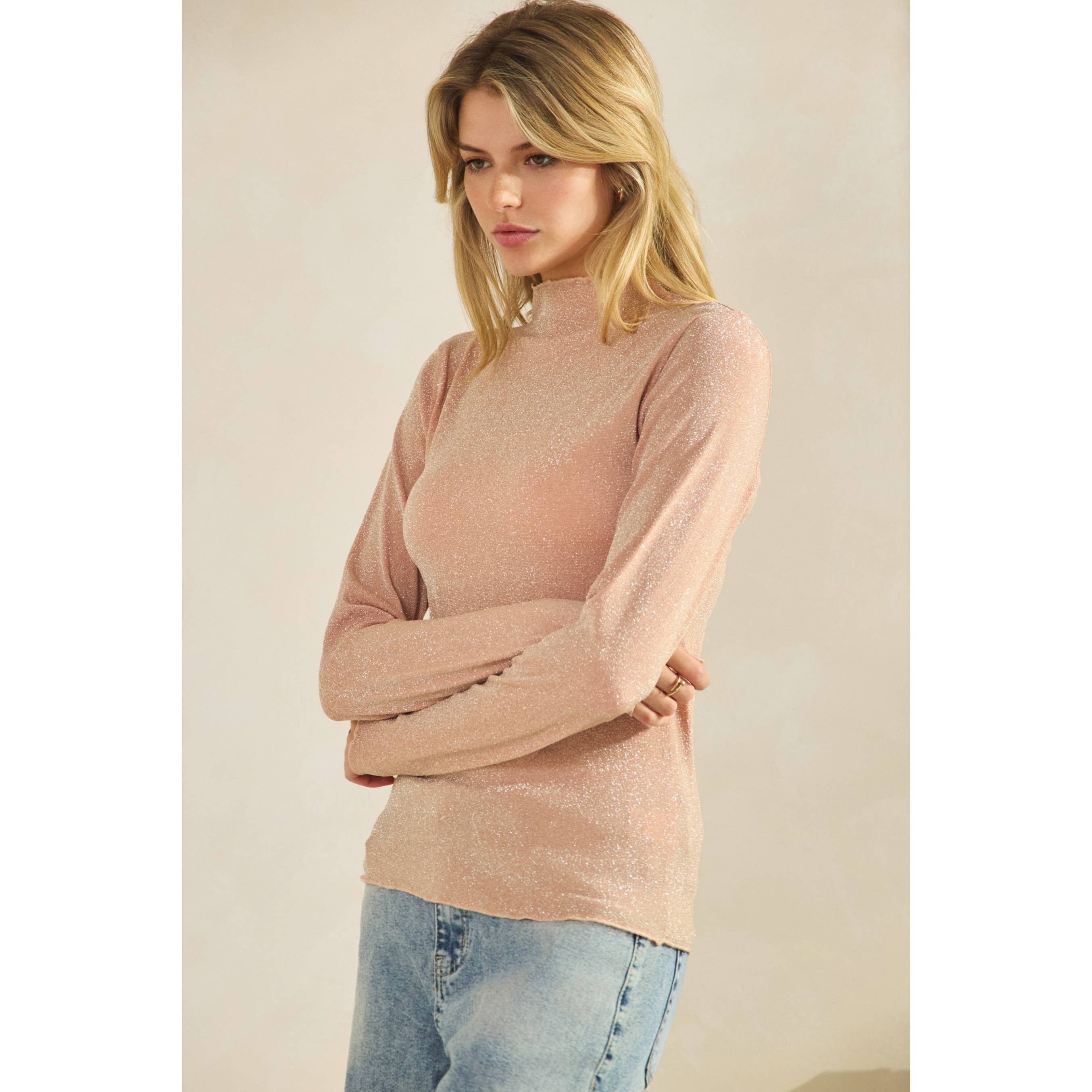 Sage + Fig – wholesale Blouse – Women’s – GLITTER MOCK NECK STRETCHY FITTED TOP (ST7493)1