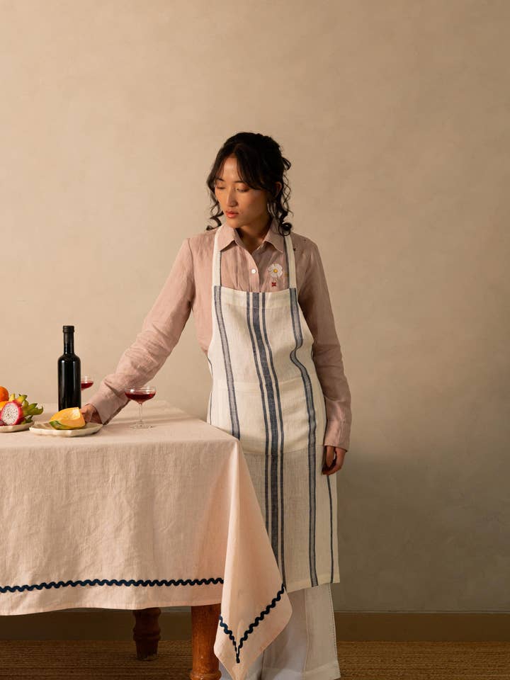 Striped Linen Denise Tie Knot Apron – Kitchen Use for wholesale by Live Linen