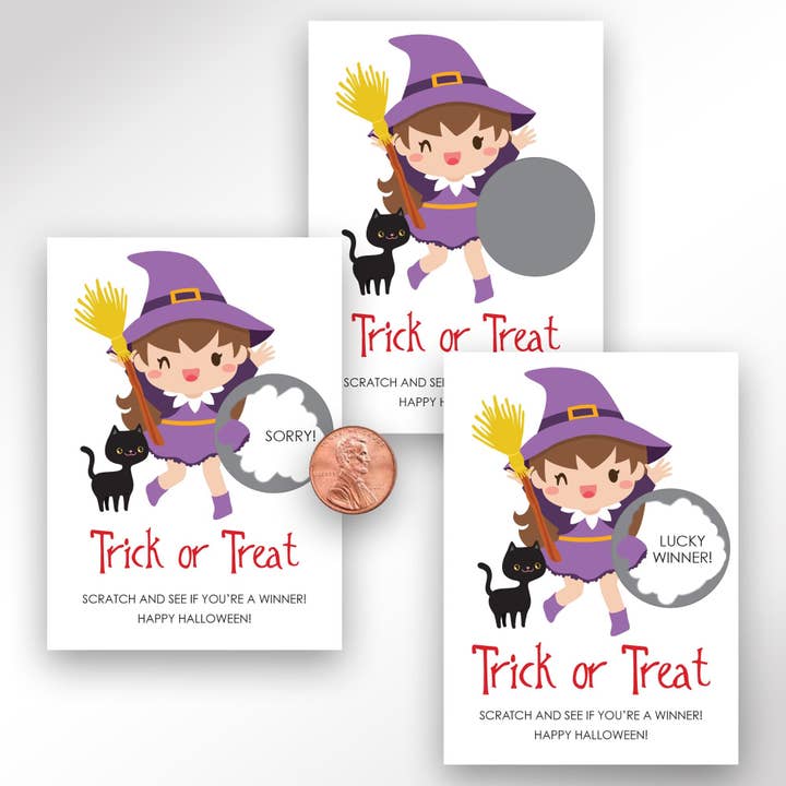 Witch Kid Halloween Party Game Scratch Off Biljettkort för wholesale av So Sweet Party Shop, LLC