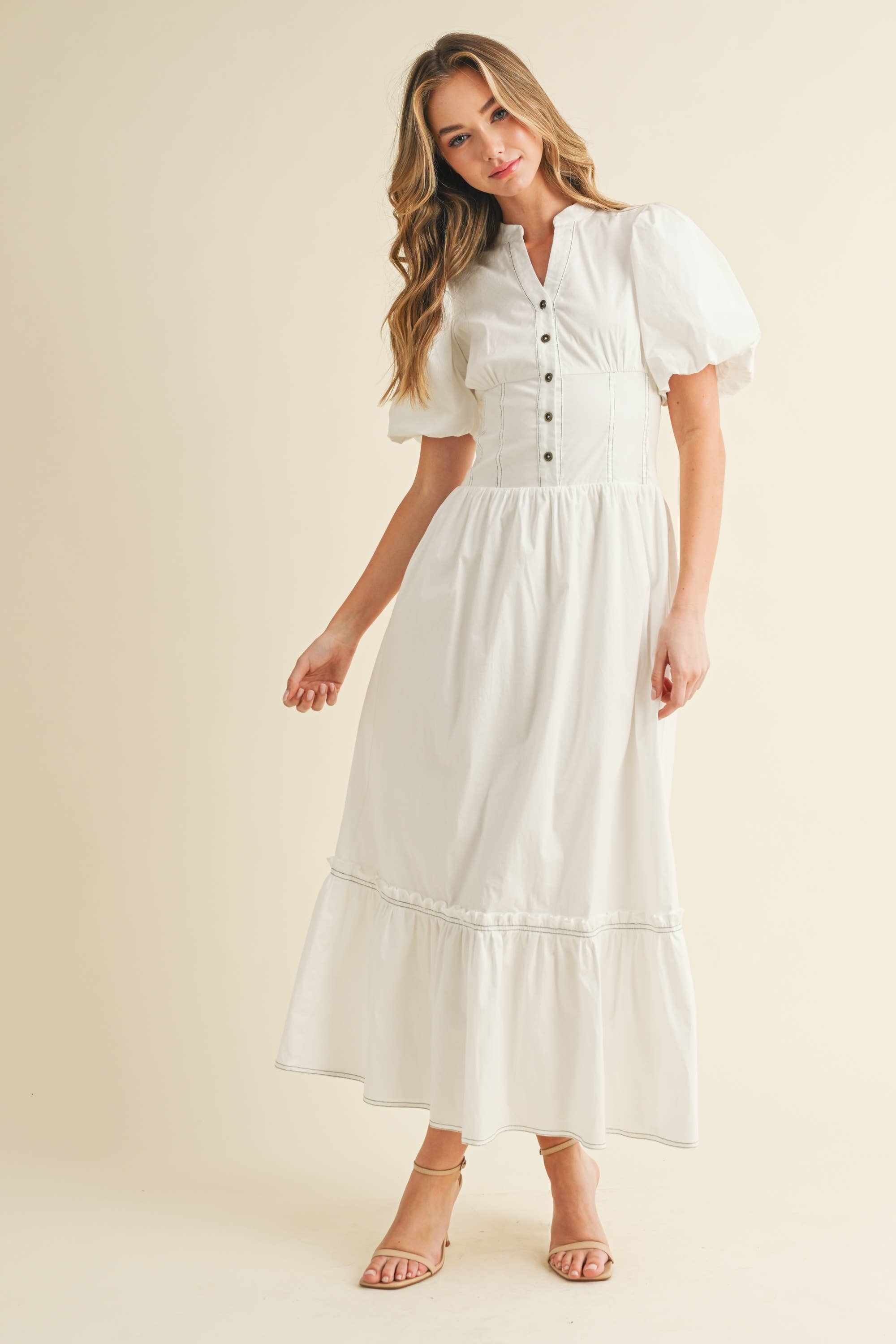 White CD05866-Button Down Smocked Waist Puff Sleeve Midi Dress for wholesale on Faire1
