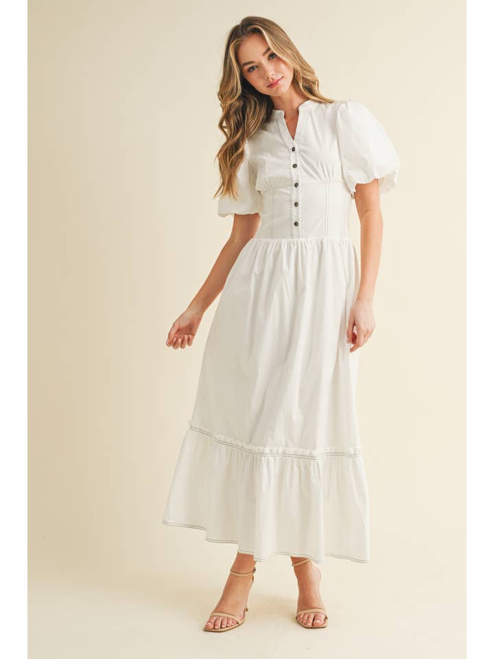White CD05866-Button Down Smocked Waist Puff Sleeve Midi Dress for wholesale on Faire1