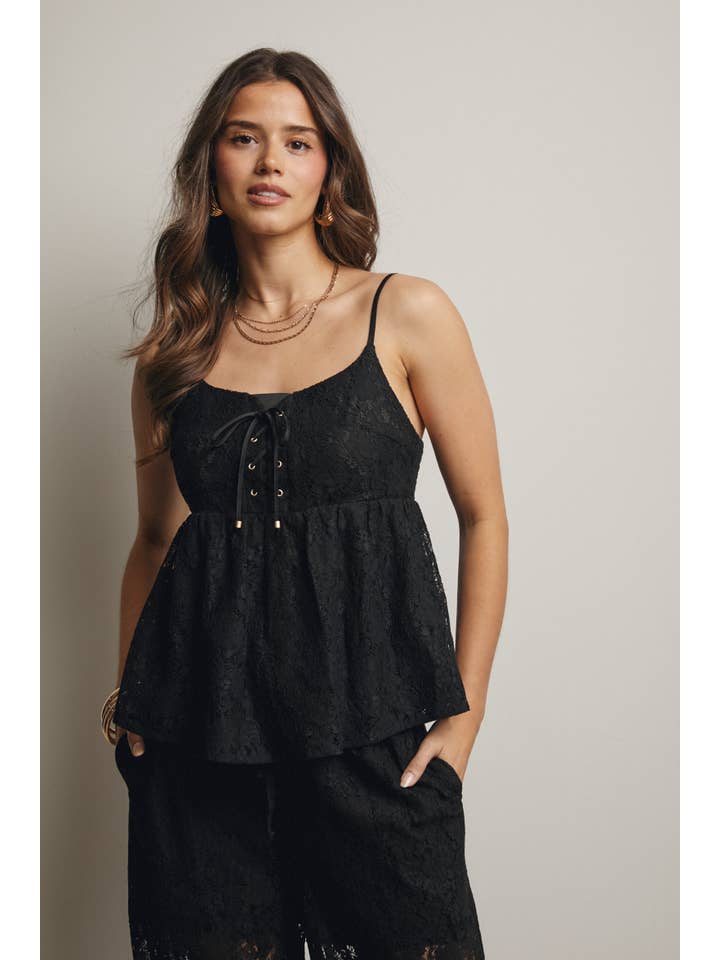 Negro Conjunto de Camiseta con Cordones y Pantalón de Pierna Ancha FSET004 de venta al por mayor en Faire6