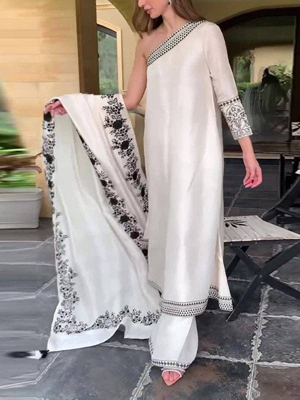 WHITE Contrast Color Flower Print Muslim One-Shoulder Midi Dresses&Pants&Shawl Suits for wholesale on Faire