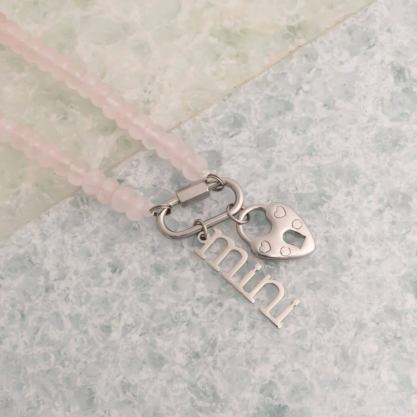 WJW - Wholesale Beaded/Pearl Necklace - Stainless Steel Pink Chunky Glass Bead Carabiner Necklace3