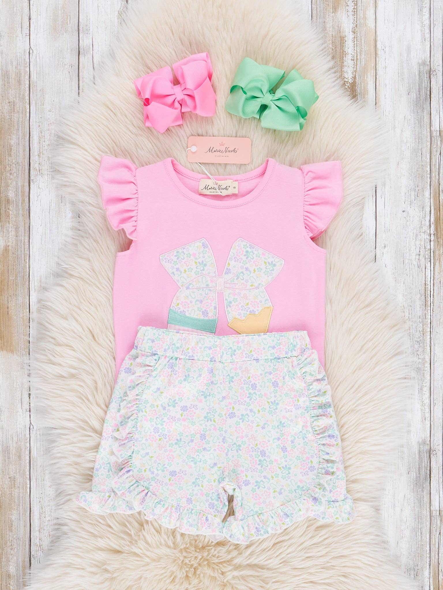 Marie Nicole Clothing - Wholesale Top & Short Set - Kids - Sweet Embroidered Pencil Bows Ruffle Outfit1
