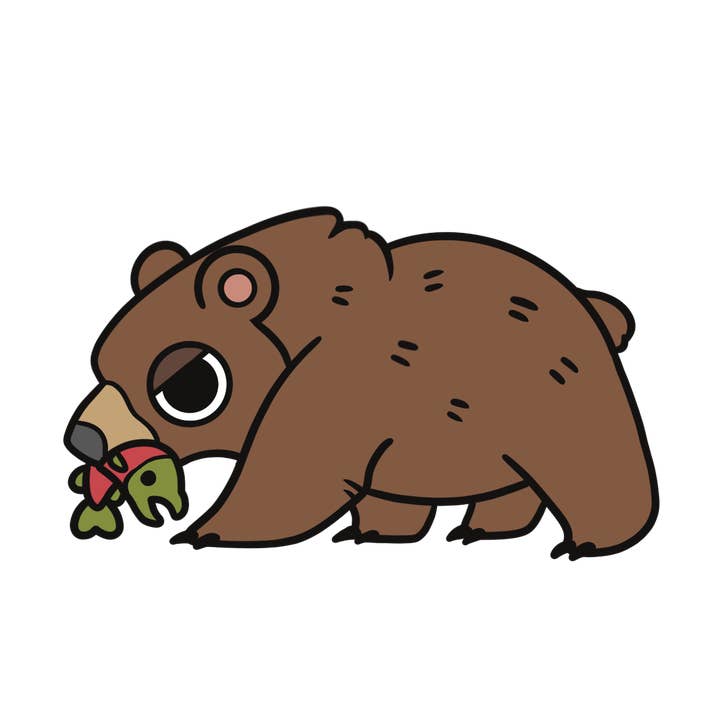 Alfiler de solapa esmaltado con oso pardo con pez para venta al por mayor de Rextooth Studios