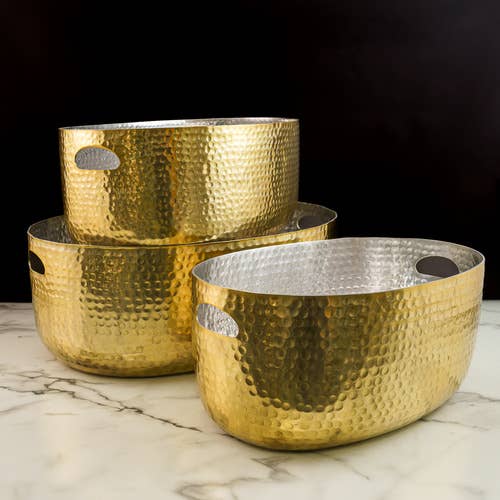 India Handicrafts Inc - Wholesale Ice Bucket - Hammered Gold Beverage Tub Set of 3 pieces LG, MED, SML