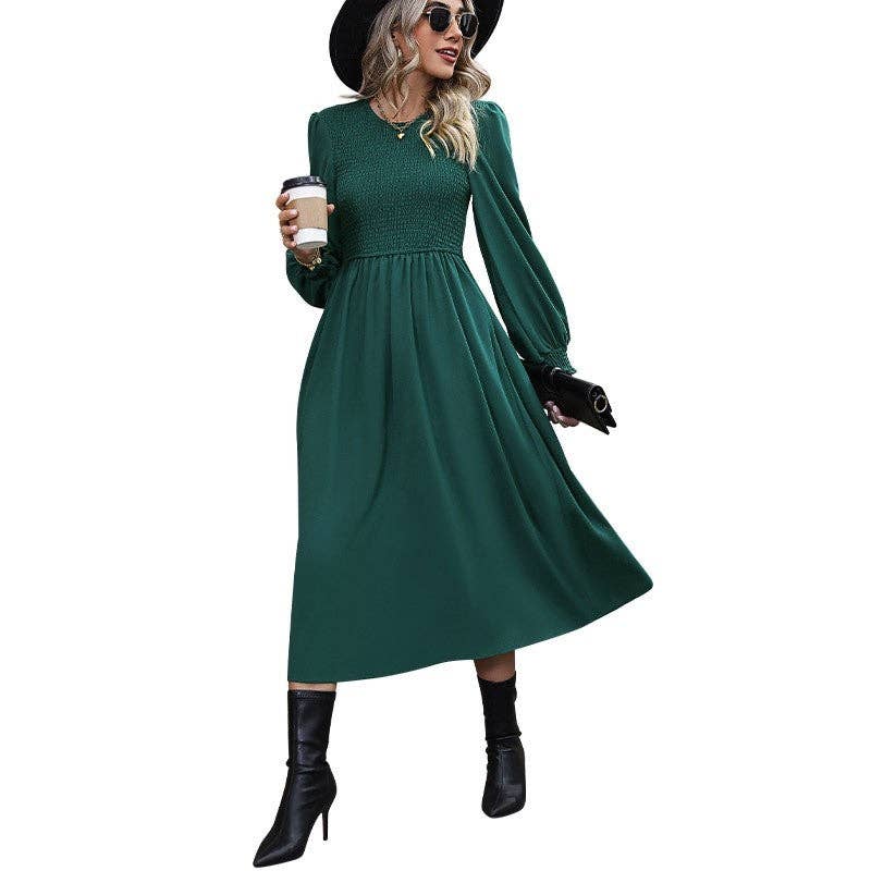 DEEP GREEN Solid Color Lantern Sleeve Waist Long Dress for wholesale on Faire4