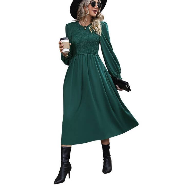 DEEP GREEN Solid Color Lantern Sleeve Waist Long Dress for wholesale on Faire4