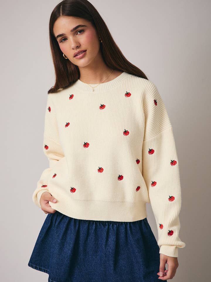 ROUND NECK LONG SLEEVE "TOMATO" EMBO SWEATER for wholesale by Sunday Edition