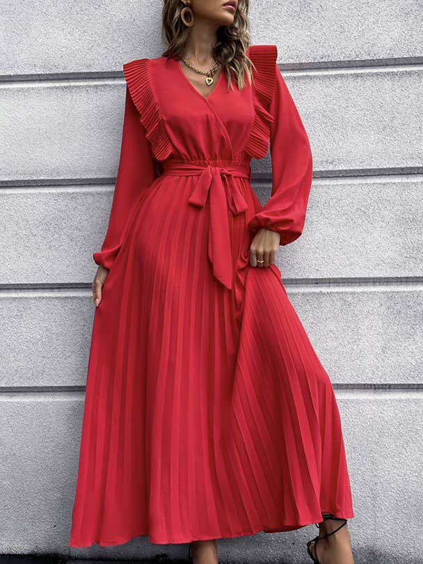 waist tie long sleeve pleated maxi dress fall winter dress for wholesale by HIDDENBRAND