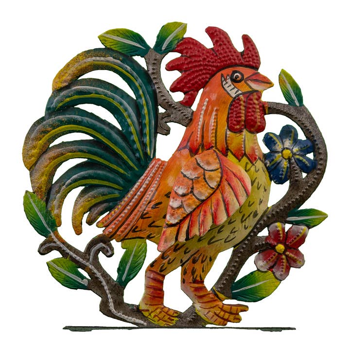 Freestanding Painted Rooster with Wing for wholesale by Le Primitif Galleries