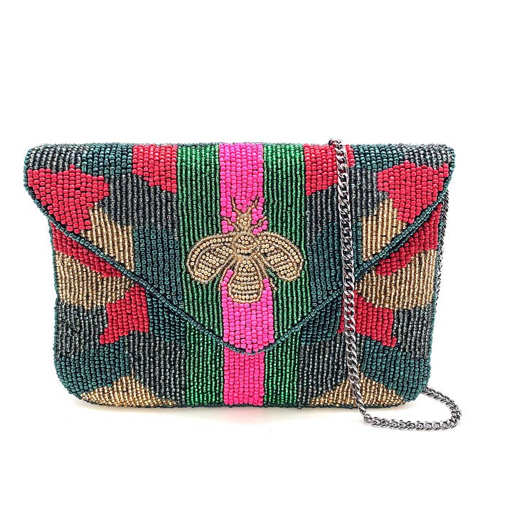 CAMO BEE BEADED MINI CLUTCH W/ GREEN & PINK STRIPES for wholesale by Pizzazz, Inc.